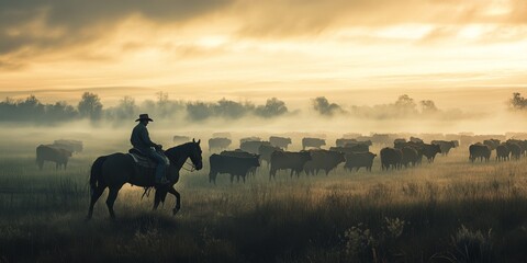 An experienced cowboy rides his trusty horse, skillfully guiding a herd of cattle across a vast pasture at dawn, capturing the essence of ranch life and the stunning beauty of nature