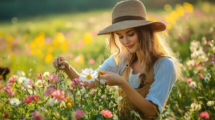 Young beautiful woman harvesting edible flowers