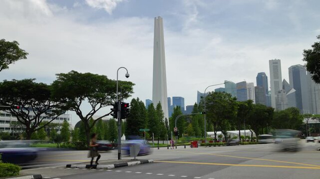day time singapore city center war monument park traffic street crossroad panorama 4k timelapse   