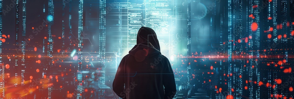 Aufkleber A silhouette of a hacker types intently on a computer, immersed in a large screen displaying flowing matrix-like code. Generative AI
