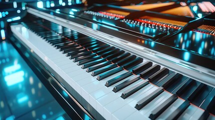 Close-up of an elegant piano keyboard, featuring glossy black and white keys illuminated in ambient light for a modern feel.