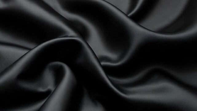 Black silk fabric undulates gently, creating elegant waves and folds. Smooth surface reflects light subtly, emphasizing luxurious texture and fluidity of the material.	