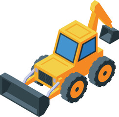 Illustration of a yellow bulldozer digging with its bucket raised, depicted in a three dimensional isometric view
