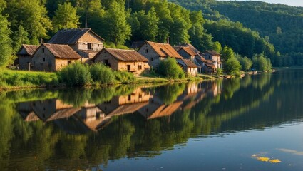 Fototapeta premium small house on the river side with clean water in a sunny day