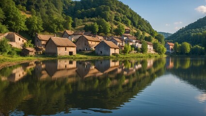 village in the mountains and reflection of shadow in water, scenic view in spring