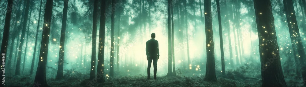 Poster Mysterious figure standing in a dense forest with ethereal lighting, creating a sense of intrigue and wonder.