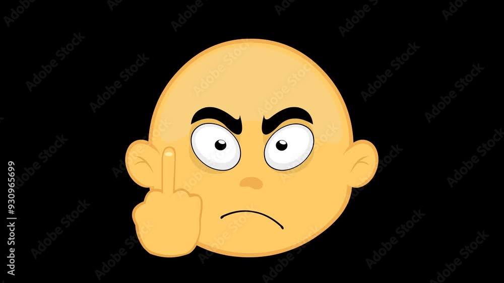 Poster video animation emoji yellow cartoon character with an angry expression and making a fuck you gestur