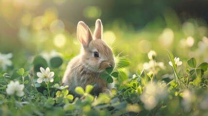 Fototapeta premium Small European rabbit nibbling clover on sunny day