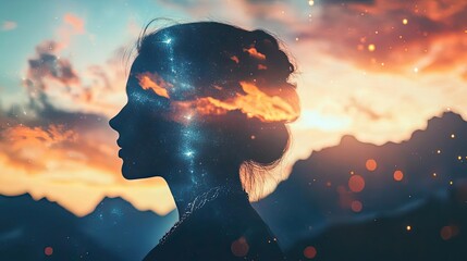 A silhouette of a woman against a colorful sunset, merging nature and dreams with a cosmic backdrop of stars and clouds.