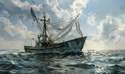 Fototapeta premium Return of the fishing seiner after the catch. 