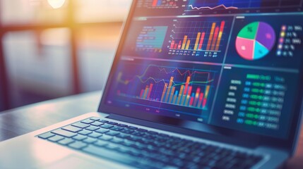 A laptop displays colorful graphs and charts, representing financial data analysis.