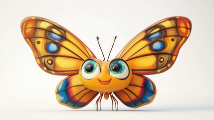 Cute cartoon butterfly with vibrant wings and a happy expression, fluttering on a white background, 3D animation style