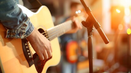 Acoustic Guitar Performance: A close-up shot of a musician's hands playing an acoustic guitar during a live performance. The image evokes a sense of passion, artistry, and the raw energy of music.  
