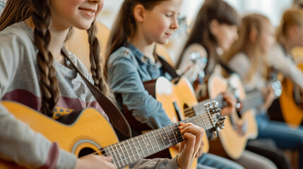 Fototapeta premium Harmonious Harmony: Young girls learn guitar in a vibrant music class, their fingers dancing on the strings as they practice chords. The image captures the joy and passion of music education, inspirin