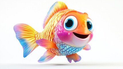 Cute cartoon fish with a happy expression and colorful scales, swimming on a white background, 3D animation style