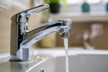 Close-up of a Modern Chrome Faucet with Water Flowing: A sleek and contemporary chrome faucet with a single lever handle, water flowing from the spout, and a subtle background blur. Perfect for bathro