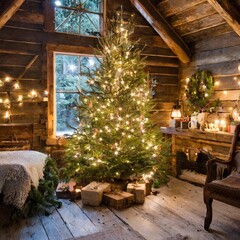 Fototapeta premium Christmas tree in cozy cabin