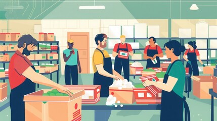 A diverse group of people work in a warehouse, packing boxes with care and efficiency.