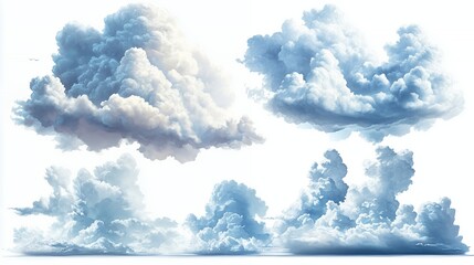 A collection of five fluffy white clouds isolated on a white background.