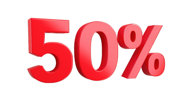 3D '50%' Lettering in Hero Red and White on a Transparent Background - Powered by Adobe