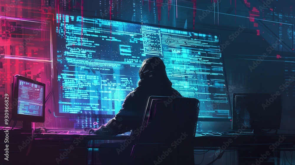 Aufkleber a hacker in a hoodie types on a computer, with a large screen displaying streams of code in vibrant 