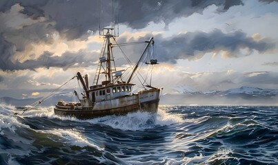 Return of the fishing seiner after the catch. 