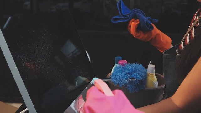 Female worker of cleaning service wiping computer screen in office