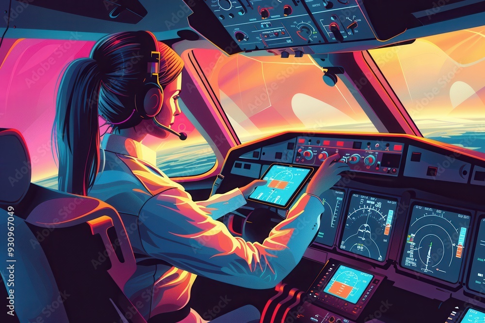 Poster The flight attendant checks the cockpit instruments and coordinates while the sun sets outside the aircraft window. Generative AI