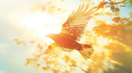 A majestic bird soars gracefully against a bright, sunlit background, embodying freedom and tranquility in nature.