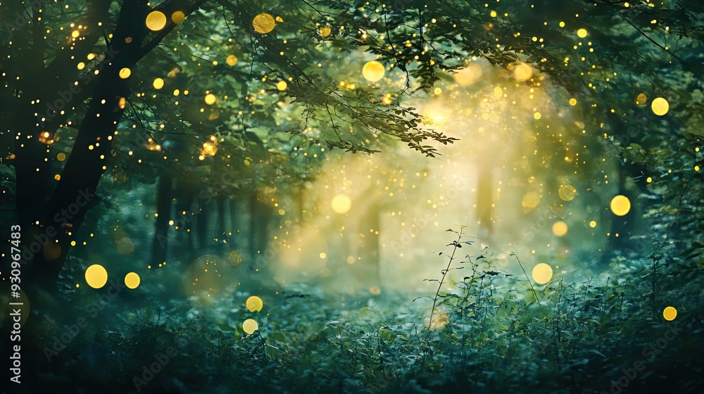 Poster enchanting forest scene illuminated by magical orbs of light, creating a serene and mystical atmosph