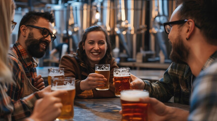 Oktoberfest background. Close up of a group of happy people learning in friends raising tumbler glasses of beer to cheers on the beer festival at night background.