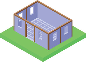Isometric view of a one story house under construction, showing the framing and foundation