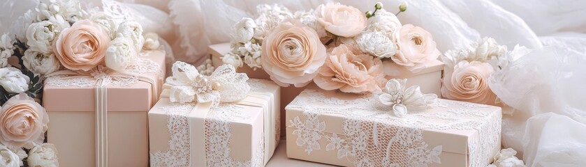 Wedding gift boxes, elegant lace and floral accents, soft ivory and blush hues, flat design illustration