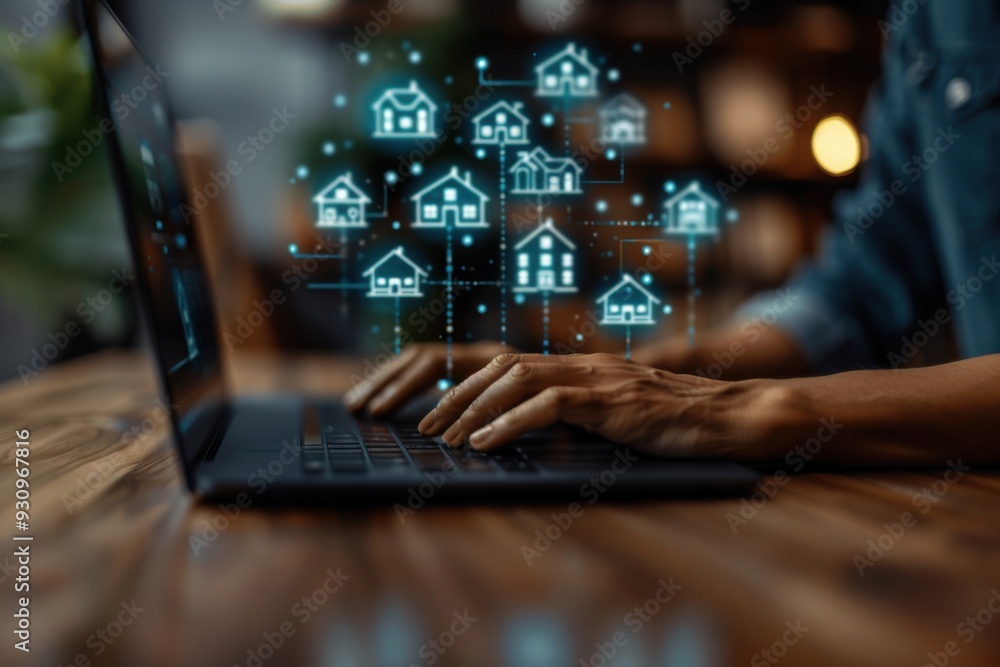 Poster person using laptop computer with home icons and network connection