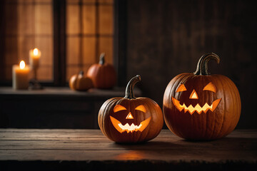 Obraz premium Modele pour conception Halloween avec vieux bois, citrouilles et espace libre lumineux pour conception