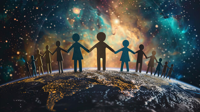 human paper standing around the earth