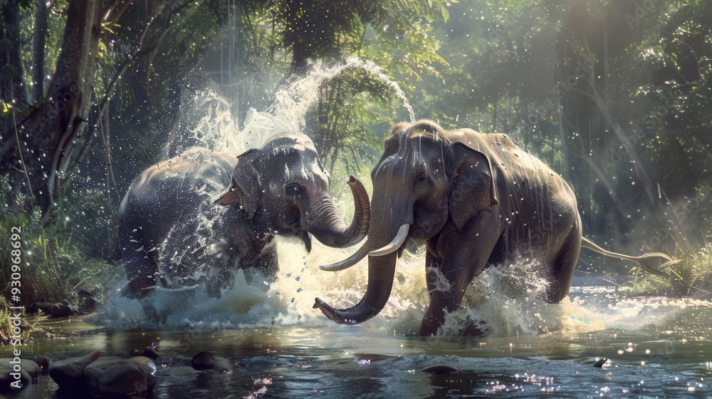 Poster two elephants engage in a playful splash in a river while surrounded by rich greenery and sunlight f