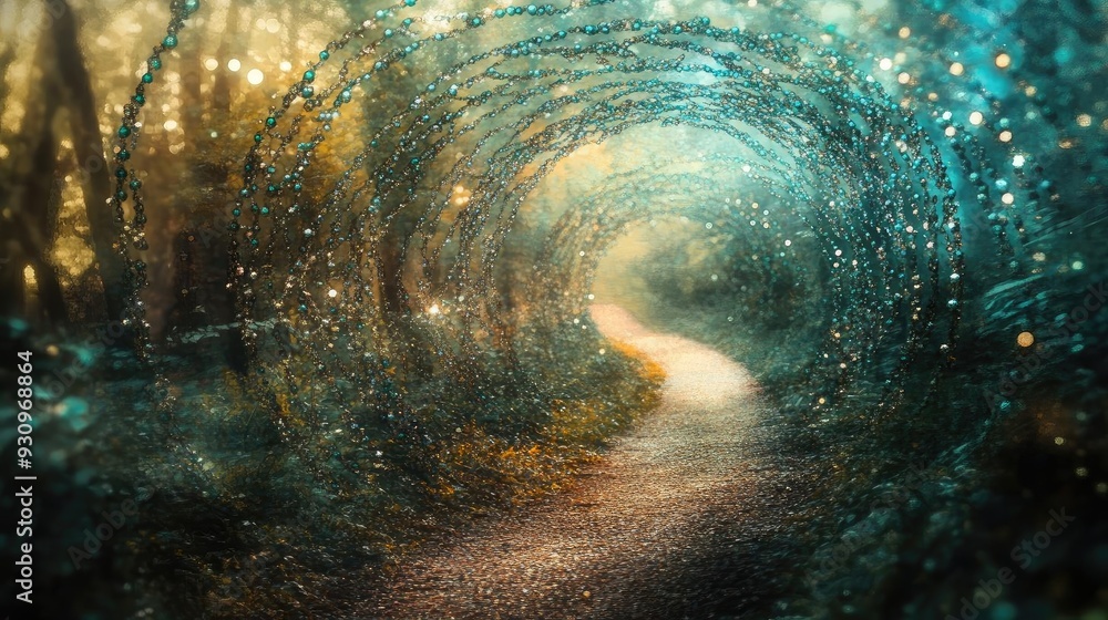 Poster a magical forest path illuminated by soft glowing lights, inviting exploration and wonder within a s
