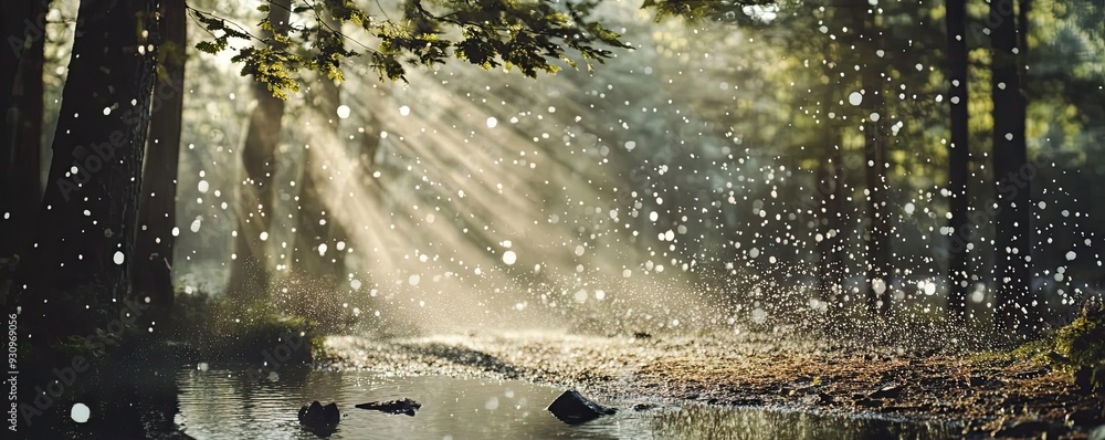 Poster beautiful sunlight beams filtering through trees, creating a serene atmosphere in a tranquil forest 