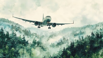 Fototapeta premium Watercolor aircraft flying over a forest, with lush greens and soft, muted light.