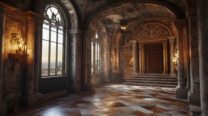 Obraz premium A grand, ornate hallway with vaulted ceilings, marble floors, and stained-glass windows overlooking a cityscape.