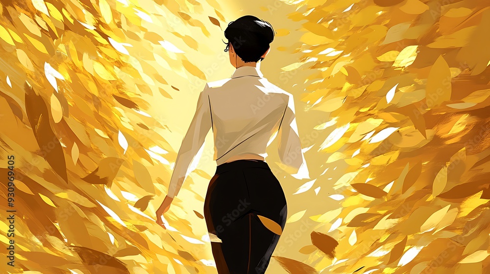 Poster Woman Walking Through a Golden Path of Abstract Leaves.