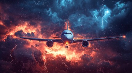 Watercolor jet flying above a thunderstorm, with dramatic lightning and dark clouds.