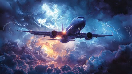 Fototapeta premium Watercolor jet flying above a thunderstorm, with dramatic lightning and dark clouds.