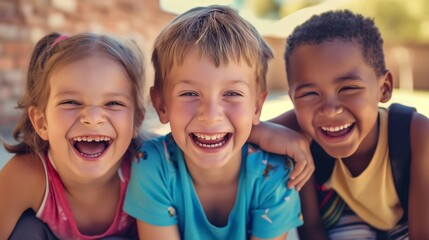 Obraz premium Three happy little friends have fun together, portrait of joyful smiling toddler kids on outdoor autumn field, close up, childhood happiness.