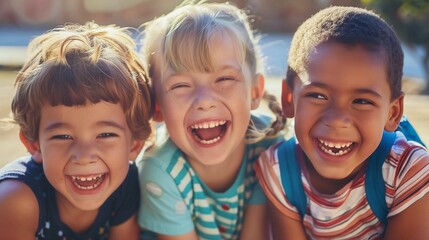 Three happy little friends have fun together, portrait of joyful smiling toddler kids on outdoor autumn field, close up, childhood happiness.