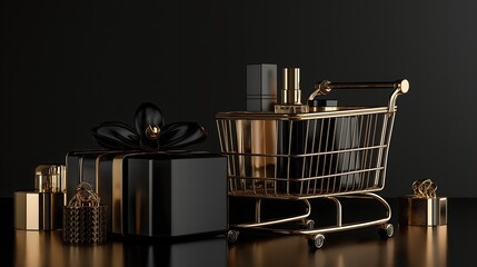 Elegant Black Friday Discount Promotion with Gold and Black Cosmetics, Skincare Products, and Gift Boxes on a Stylish Solid Background. Perfect for Shopping Banners and Posters with a C4D Clay Design