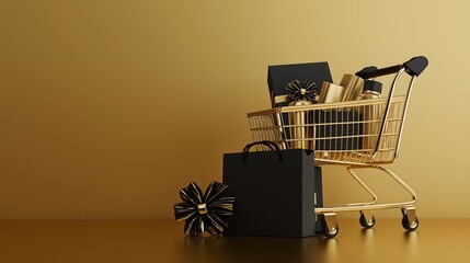 Elegant Black Friday Discount Promotion with Gold and Black Cosmetics, Skincare Products, and Gift Boxes on a Stylish Solid Background. Perfect for Shopping Banners and Posters with a C4D Clay Design