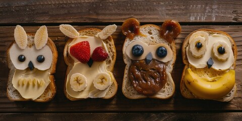 Cute animal shaped toasts with a variety of spreads butter banana strawberry and blueberry resembling a bunny owl bear and fox