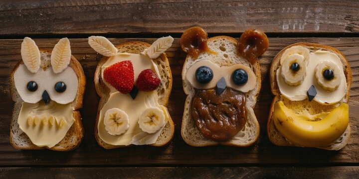 Cute animal shaped toasts with a variety of spreads butter banana strawberry and blueberry resembling a bunny owl bear and fox